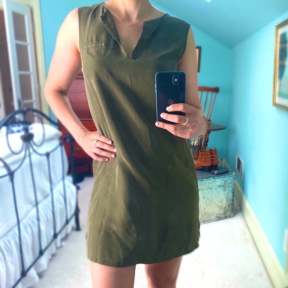 THEORY army green silk shift dress